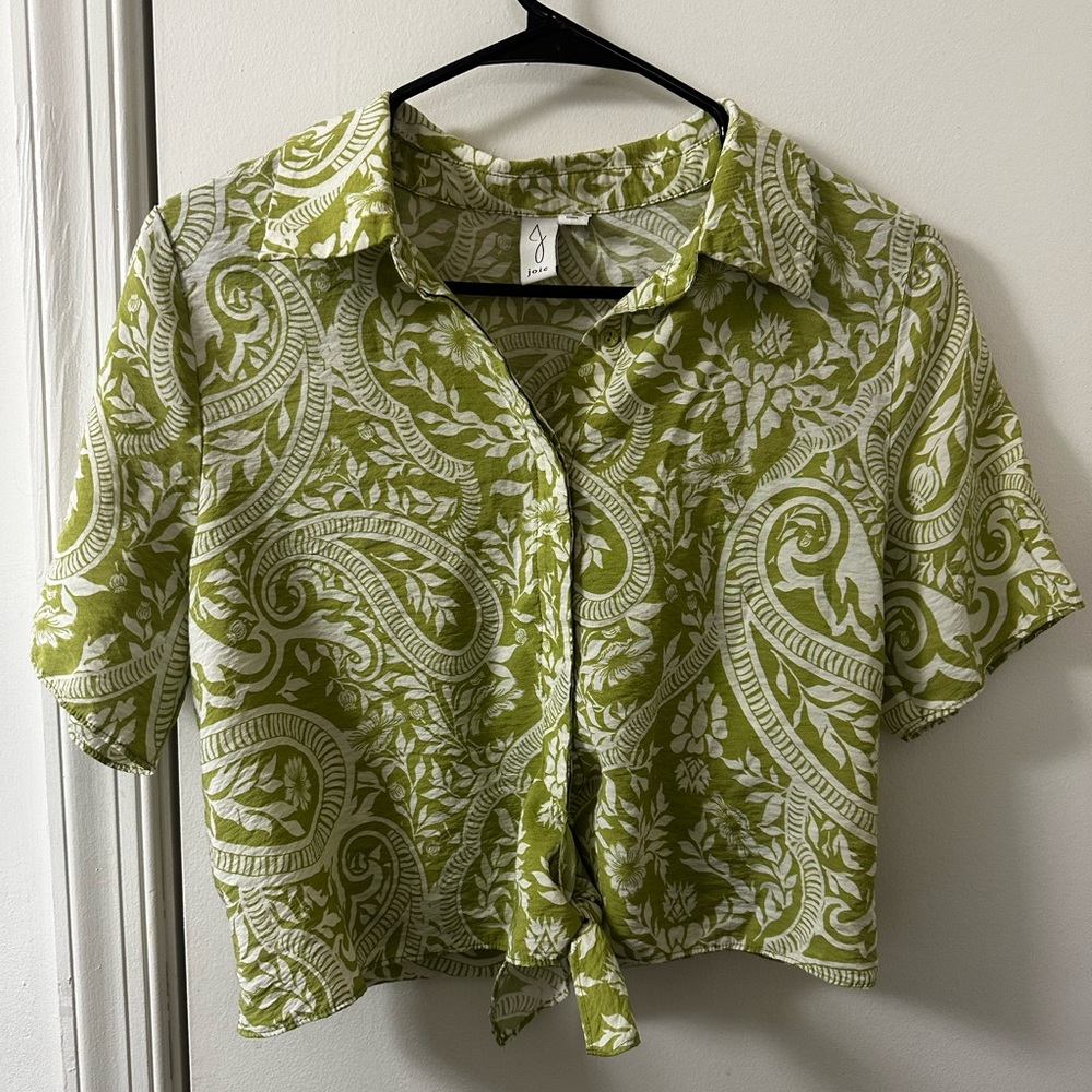 Joie Green Paisley Print Tie-Front Button Down Crop Top - Size Medium